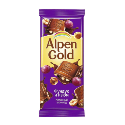 Шоколад Альпен Гольд молочный Фундук и изюм 90г Праздничный Стол